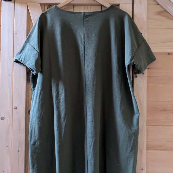 Eileen Fisher Olive Green Viscose Boxy Short Sleeve Dress Large Lagenlook Pocket - Picture 8 of 11
